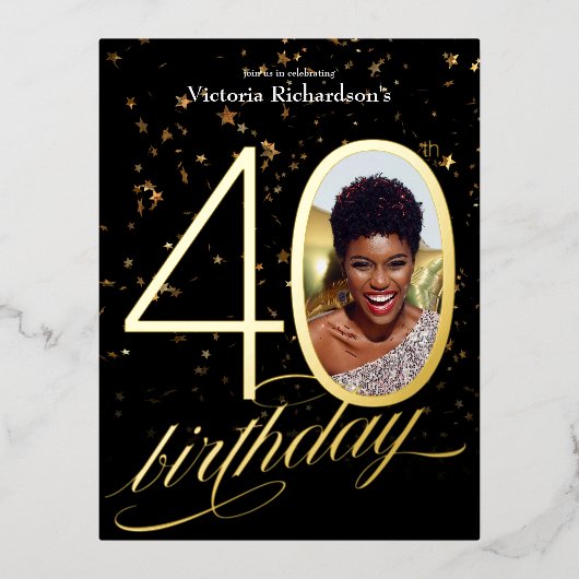 紙吹雪エレガントブラック金ゴールド写真40歳の誕生日 箔招待状ポストカード (正面)