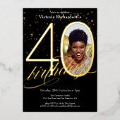 紙吹雪エレガントブラック金ゴールド写真40歳の誕生日 箔招待状 (正面)