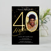 紙吹雪エレガントブラック金ゴールド写真40歳の誕生日 箔招待状 (立ち正面)