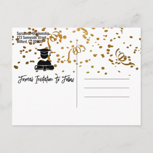 紙吹雪カスタム写真の卒業日付の保存 案内ポストカード (裏面)