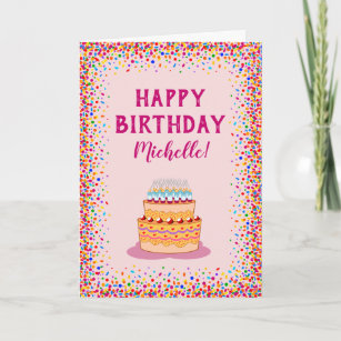 紙吹雪カラフルピンクケーキ誕生祝い カード