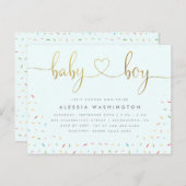 紙吹雪カラフル振りかける金ゴールド男の子のシャワー インビテーションポストカード (正面/裏面)