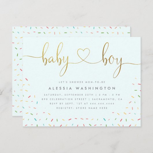 紙吹雪カラフル振りかける金ゴールド男の子のシャワー インビテーションポストカード (正面/裏面)