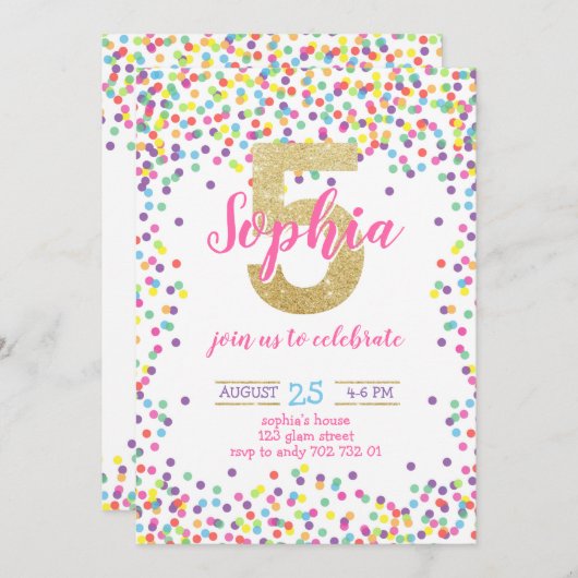 紙吹雪カラフル金ゴールドレインボーガール5th誕生日 招待状 (正面/裏面)