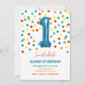 紙吹雪カラフル1気球1歳の誕生日ボーイ 招待状 (正面)