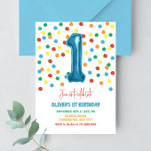 紙吹雪カラフル1気球1歳の誕生日ボーイ 招待状