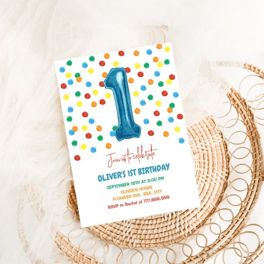 紙吹雪カラフル1気球1歳の誕生日ボーイ 招待状