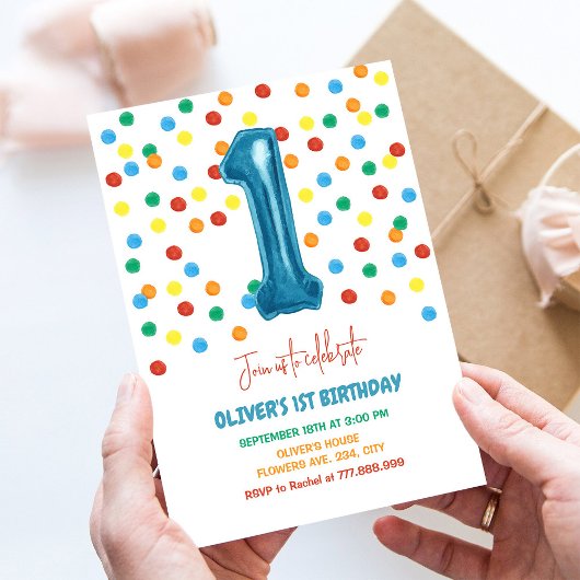 紙吹雪カラフル1気球1歳の誕生日ボーイ 招待状