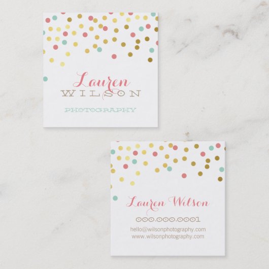 紙吹雪グラマラスかわいい金ゴールドフォイルコーラルミントクラフト スクエア名刺 (正面/裏面)