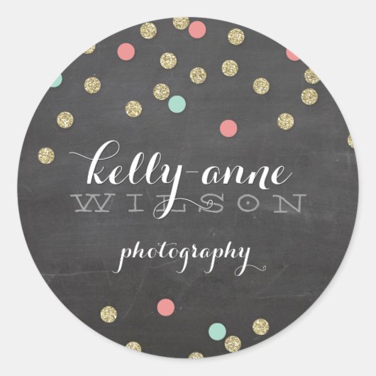 紙吹雪グリッターかわいい金ゴールドコーラルミントチョークボード ラウンドシール (正面)