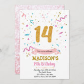 紙吹雪グリッター14回目の誕生日招待 招待状 (正面/裏面)