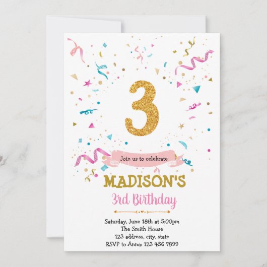 紙吹雪グリッター3回目の誕生日招待 招待状 (正面)