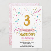 紙吹雪グリッター3回目の誕生日招待 招待状 (正面/裏面)
