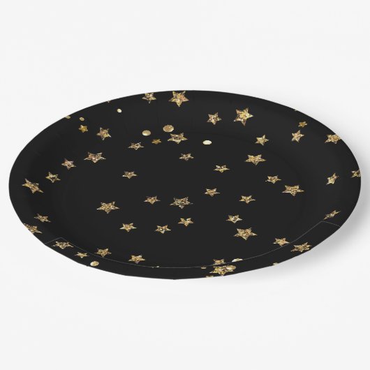 紙吹雪ゴールデンスターズグリッターシャインエレガントブラック ペーパープレート (アングル)