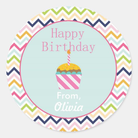 紙吹雪シェブロンパーソナライズされた誕生日シール ラウンドシール (正面)