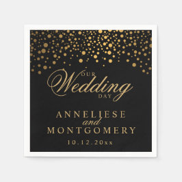 紙吹雪スタイリッシュ金ゴールドドット付き黒 – 結婚記念日 スタンダードカクテルナプキン