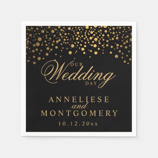 紙吹雪スタイリッシュ金ゴールドドット付き黒 – 結婚記念日 スタンダードカクテルナプキン (正面)