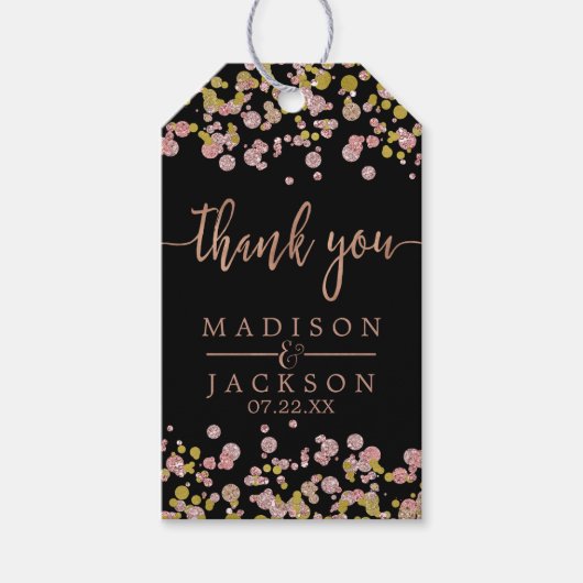 紙吹雪スパークルシャインバラ金ゴールド結婚ズサンキュー ギフトタグ (正面)