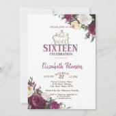 紙吹雪ティアラブルガンディフラワーズスウィート16パーティー 招待状 (正面)