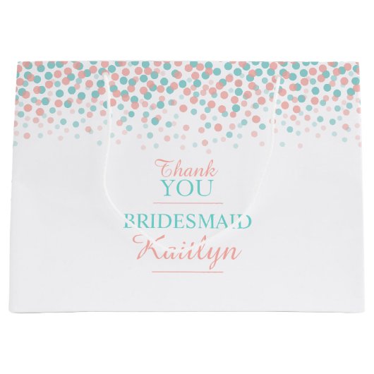 紙吹雪ドットティール（緑がかった色）コーラル結婚オレンジ抱き枕 ラージペーパーバッグ (正面)