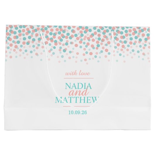 紙吹雪ドットティール(緑がかった色)コーラル結婚オレンジ抱き枕 ラージペーパーバッグ (裏面)