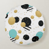 紙吹雪ドットパーティーブラックティール（緑がかった色）と金ゴールド円形 ラウンドクッション (裏面)