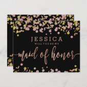 紙吹雪バラ金ゴールドが私のメイド・オブ・オーナー(花嫁付き添い人) 招待状 (正面/裏面)