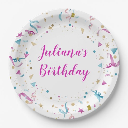 紙吹雪パーティーピンクとブルースパークル誕生日 ペーパープレート (正面)