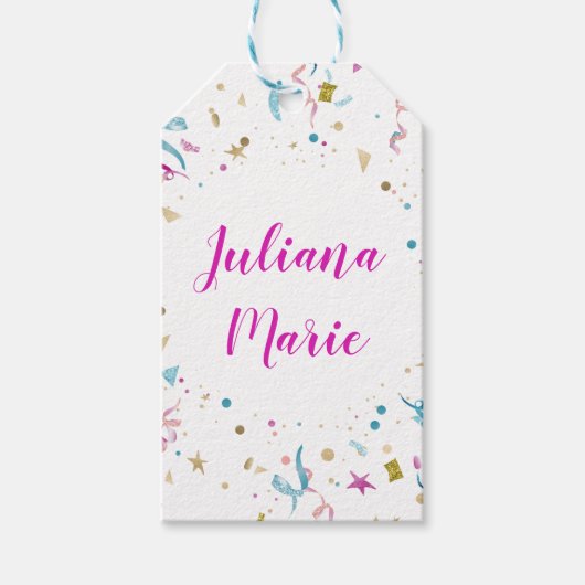 紙吹雪パーティーピンクと青の輝き ギフトタグ (正面)