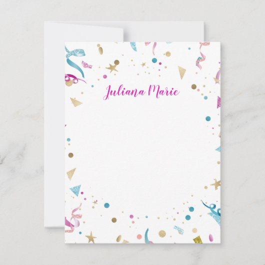 紙吹雪パーティーピンクと青の輝き ノートカード (正面)