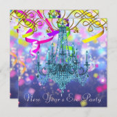 紙吹雪パープルティール(緑がかった色)ブルーシャンデリアニューイヤーイブ 招待状 (正面/裏面)