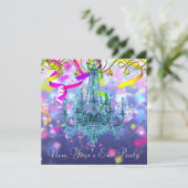 紙吹雪パープルティール(緑がかった色)ブルーシャンデリアニューイヤーイブ 招待状 (スタンド正面)