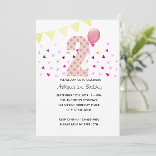 紙吹雪ピンク水玉模様金ゴールド2歳の誕生日ガール 招待状 (スタンド正面)