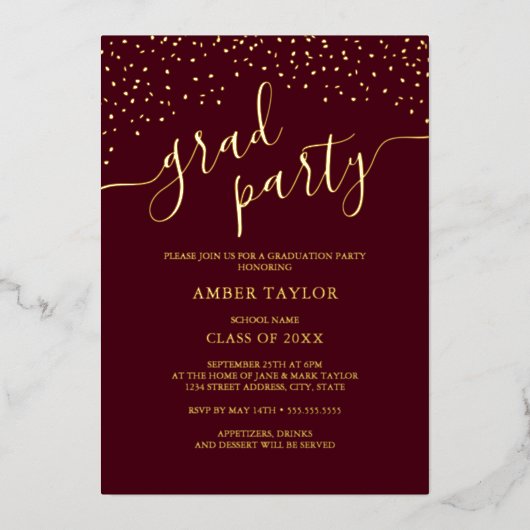 紙吹雪ブルゴーニュ金ゴールド写真卒業パーティー 箔招待状 (正面)