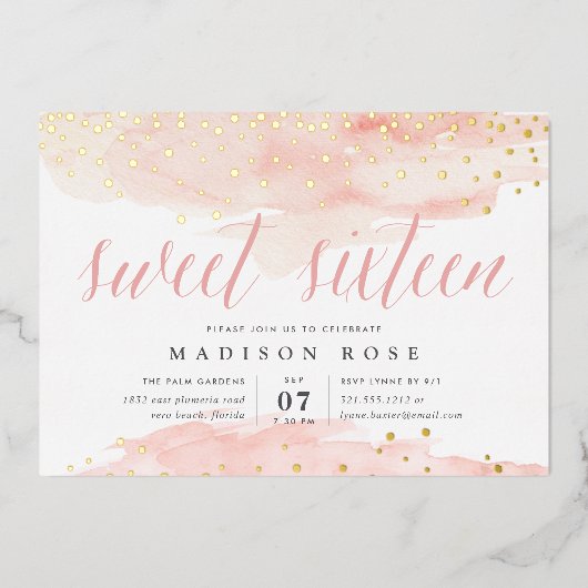 紙吹雪ポップ・アートの赤面と金ゴールド |Sweet sixteen誕生日 箔招待状 (正面)