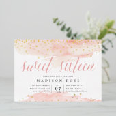 紙吹雪ポップ・アートの赤面と金ゴールド |Sweet sixteen誕生日 箔招待状 (立ち正面)