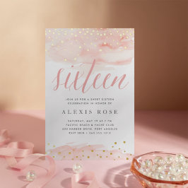 紙吹雪ポップ・アートの赤面と金ゴールド |Sweet sixteen誕生日 箔招待状