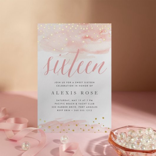 紙吹雪ポップ・アートの赤面と金ゴールド |Sweet sixteen誕生日 箔招待状