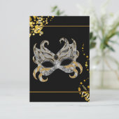 紙吹雪マスクブラック金ゴールドマスカレードパーティーRSVP 出欠カード (スタンド正面)