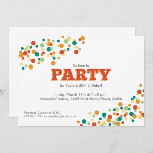 紙吹雪振りかけるパーティの招待状(オレンジ) 招待状 (正面/裏面)