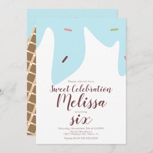 紙吹雪散水滴下アイスクリームコーンブルー 招待状 (正面/裏面)