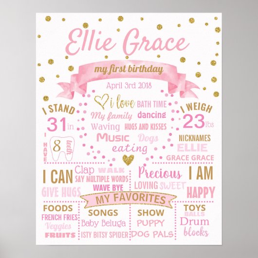 紙吹雪水玉模様ファーストバースデーパーティーのサイン女の子 ポスター (正面)