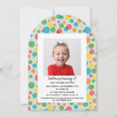 紙吹雪水玉模様ボーイズ写真誕生日パーティー 招待状 (正面)