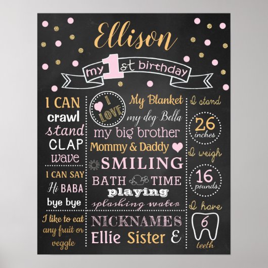 紙吹雪第1誕生日黒板看板ポスター ポスター (正面)