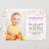 紙吹雪誕生日パーティー招待状ピンク金ゴールドスポットガール 招待状 (正面/裏面)