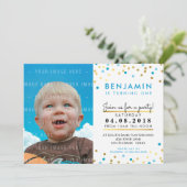 紙吹雪誕生日パーティー招待状ブルー金ゴールドスポットボーイ 招待状 (スタンド正面)