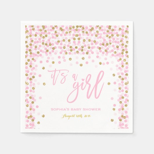 紙吹雪赤ちゃんシャワーナプキンピンク金ゴールド赤ちゃんシャワー スタンダードカクテルナプキン (正面)