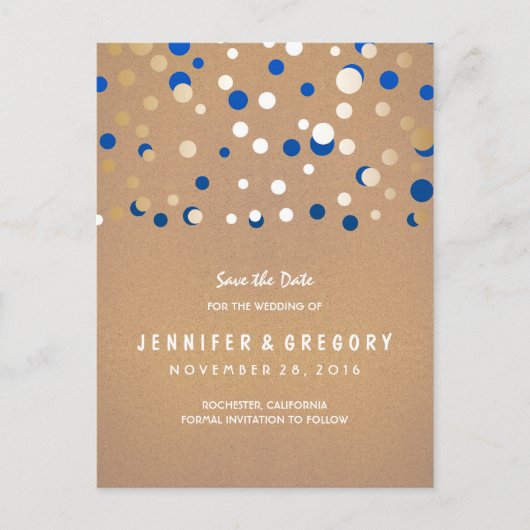 紙吹雪金ゴールドと青の保存日付 案内ポストカード (正面)