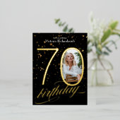 紙吹雪金ゴールドカスタムブラック写真第70誕生日 箔招待状ポストカード (立ち正面)