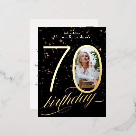 紙吹雪金ゴールドカスタムブラック写真第70誕生日 箔招待状ポストカード (正面/裏面)